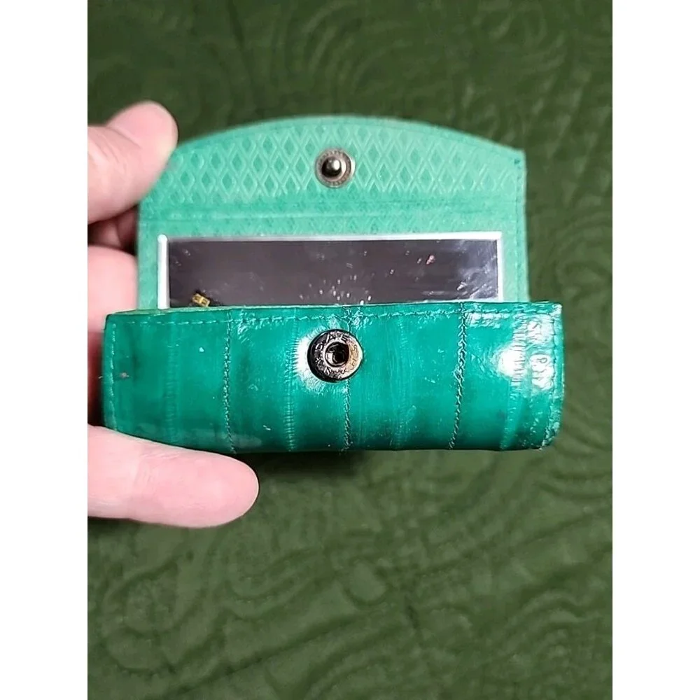 Vintage Purse Essentials Comb EEL Leather Lipstick Case Wood Framed Mirror Barre